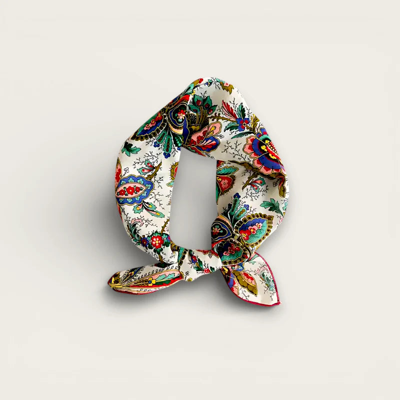 Designer cotton scarf with vibrant floral silk pattern in red, blue, green, gold