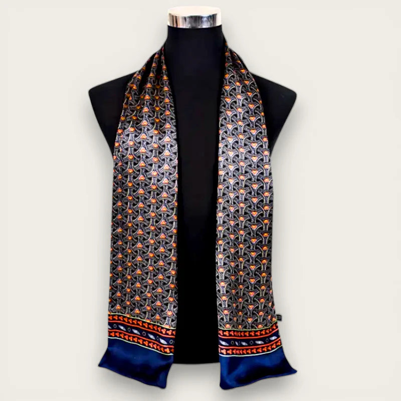 Designer Silk Scarf Men: elegant black silk with orange silver geometric pattern