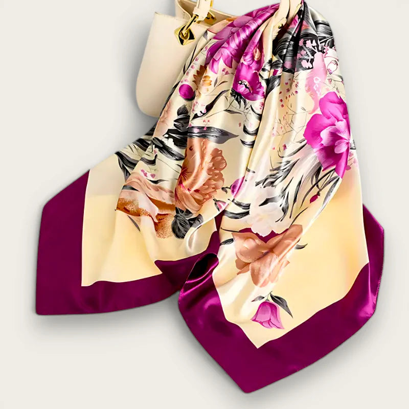 Elegant large square scarf in cream silk with pink floral pattern