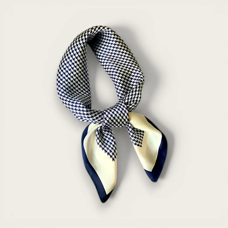 Elegant Silk Scarf in navy white houndstooth with cream accents