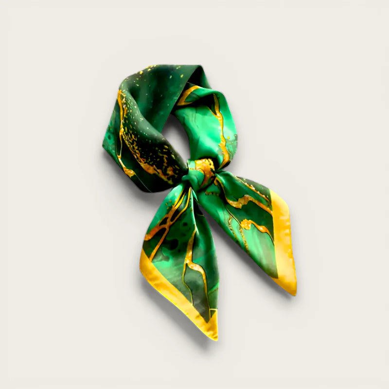 Emerald Green Scarf: vibrant silk with golden patterns, yellow border knot