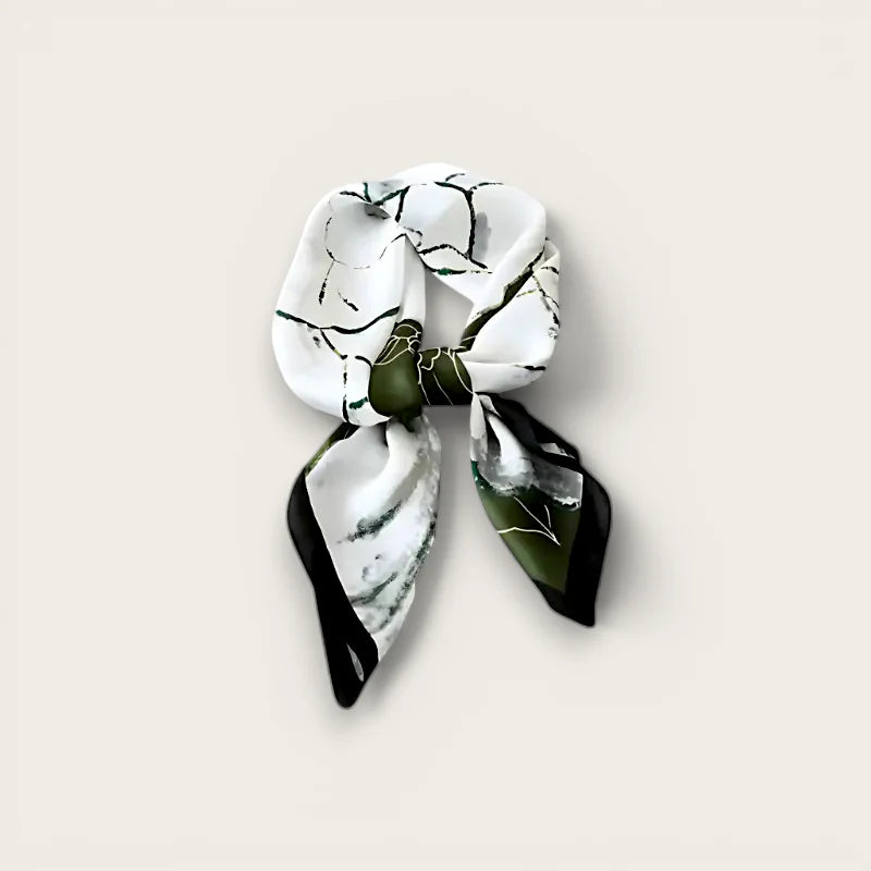 Evening Scarf: white silk with olive green black botanical print knot