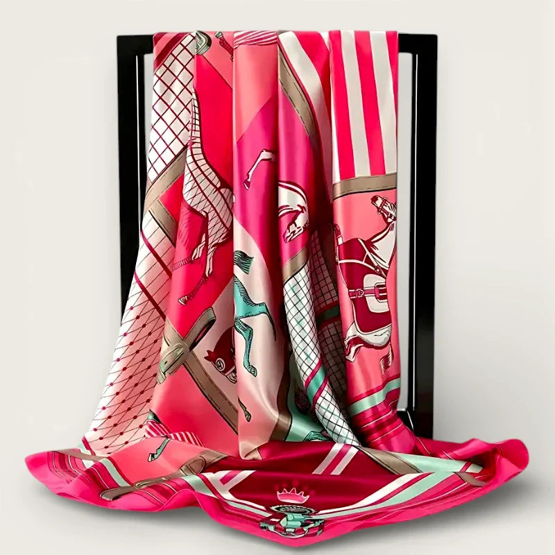 Vibrant extra large pink silk head scarf with stylized horses print