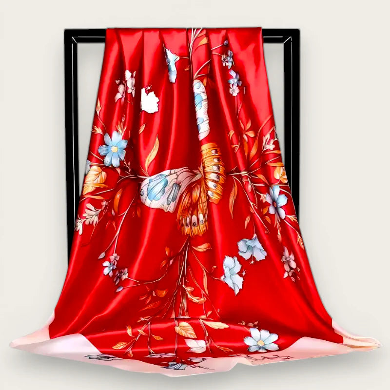 Extra large silk scarf with vibrant red silk, blue butterflies, flowers and leaves