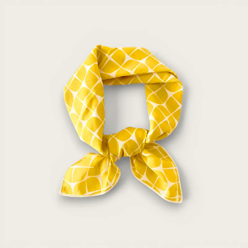 Vibrant yellow silk Fine Cotton Square Scarf with white geometric pattern knot