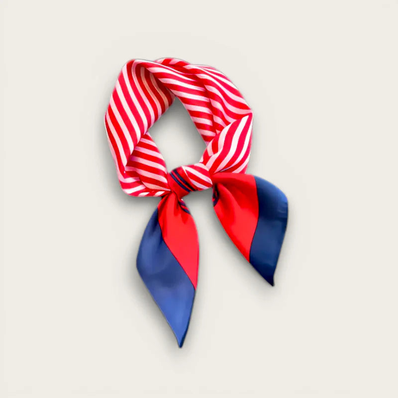 Flight Attendant Scarf: red white striped silk with navy triangles, knotted