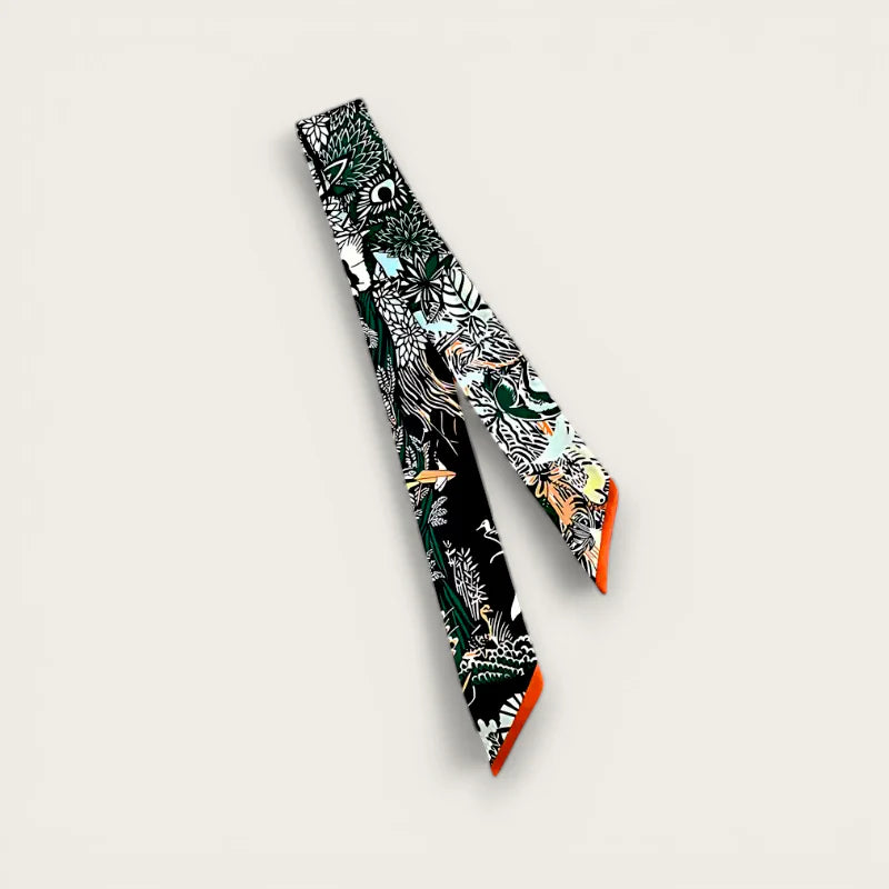 Floral Bag Scarf: black silk with vibrant white, green, orange, blue botanical avian pattern