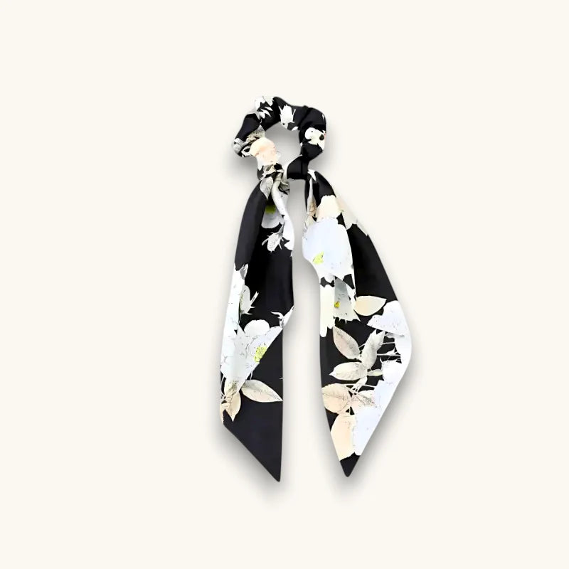 Black floral bow scrunchie with white cream blossoms silk-like fabric