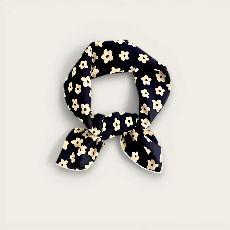 Navy blue silk Floral Cotton Scarf with cream floral pattern, knotted
