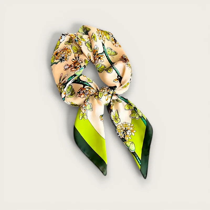 Floral Green Silk Scarf: peach silk with floral butterfly pattern, green stripes