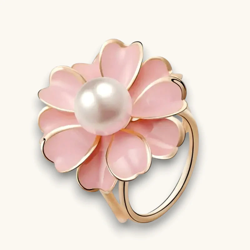 Floral Scarf Ring: pink enamel flower with pearl center, gold accents