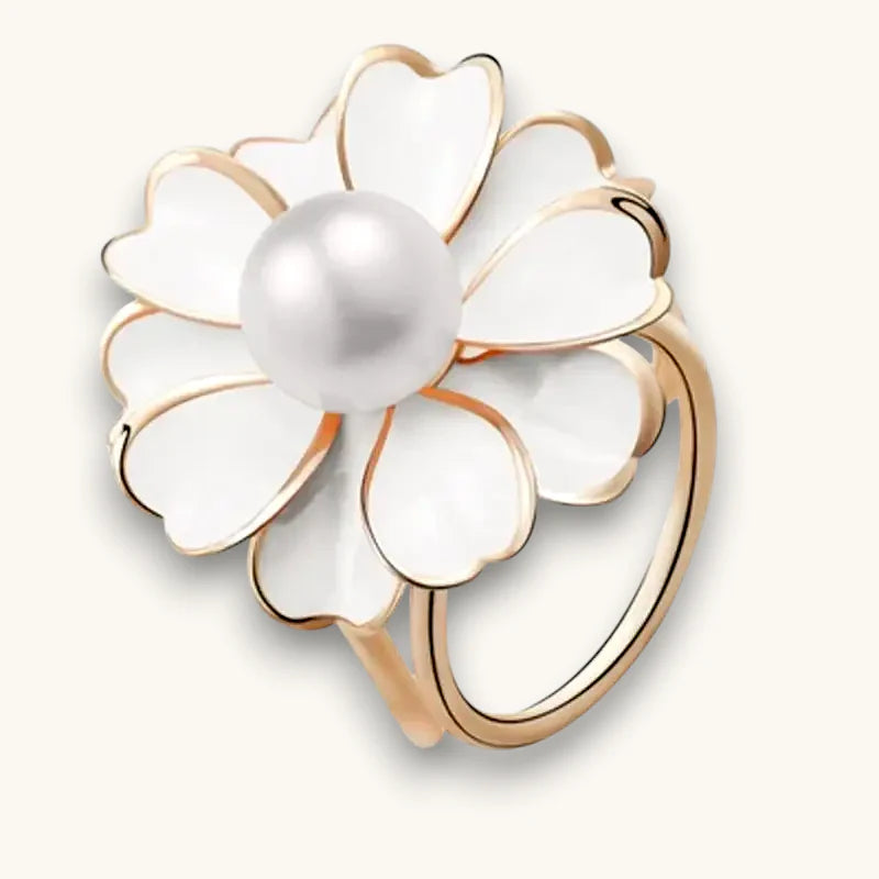 Floral Scarf Ring: rose gold with pearl center and white enamel petals