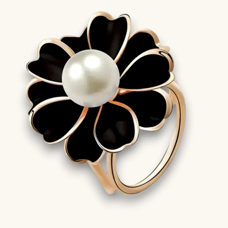 Floral Scarf Ring: rose gold with black enamel flower and pearl center