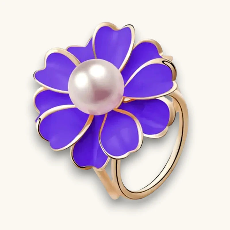 Floral Scarf Ring: vibrant purple enamel flower with pearl center