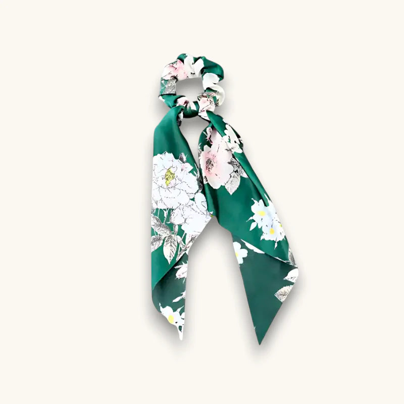 Emerald green silk Floral Scarf Scrunchie with white pink floral pattern