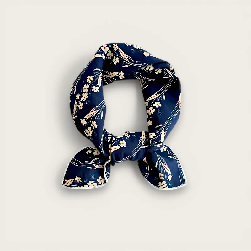 Flower Cotton Scarf: navy blue silk with cream and pink floral pattern, elegant knot