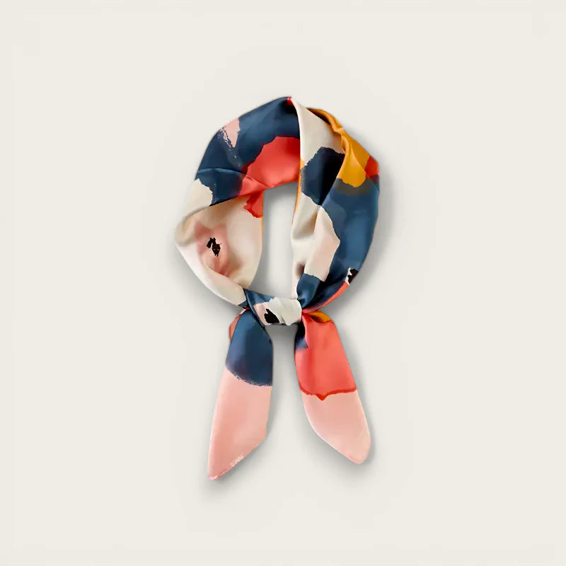 Flower Print Scarf: vibrant blue, coral, cream silk knot with tapered ends