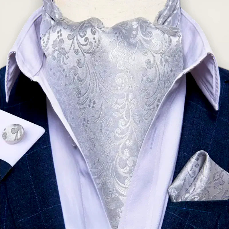 Silver satin Formal Ascot Tie cravat with swirling floral embroidery