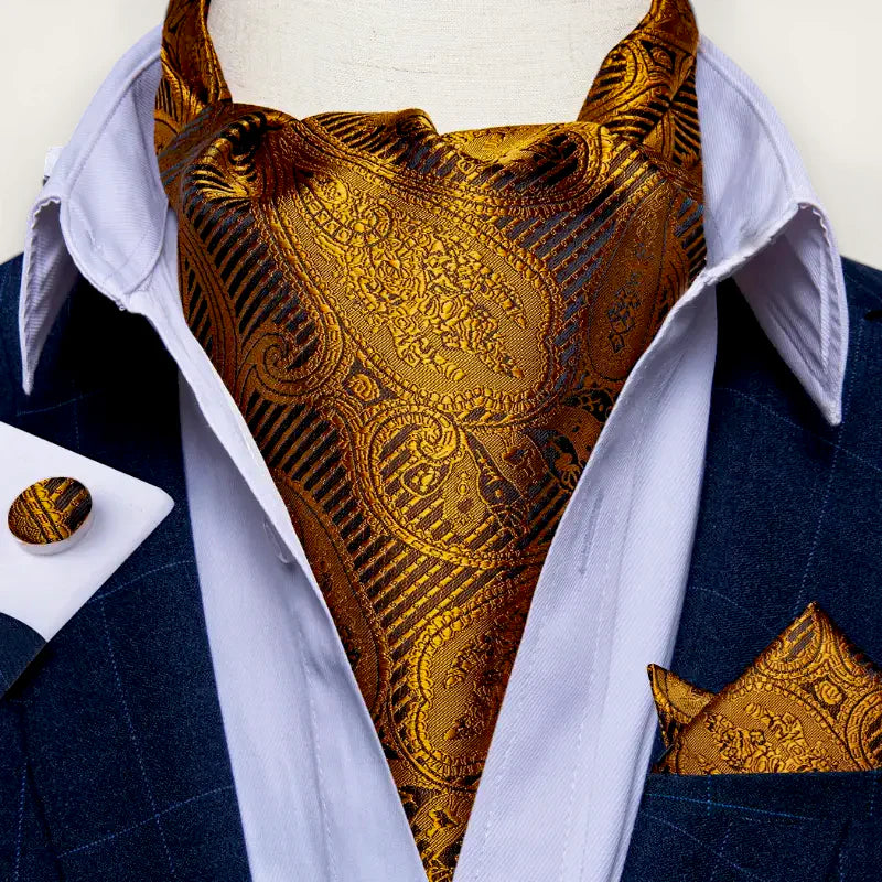 Gold Ascot Scarf: golden paisley silk cravat with black gold patterns on white shirt