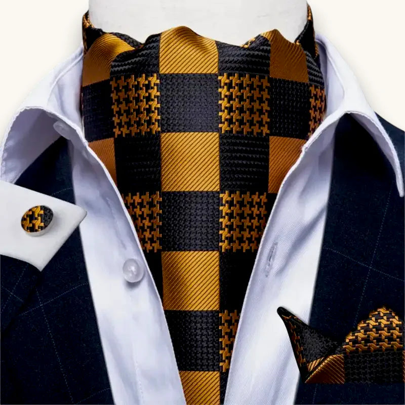 Gold Ascot Tie: black and gold checkered silk cravat with houndstooth pattern