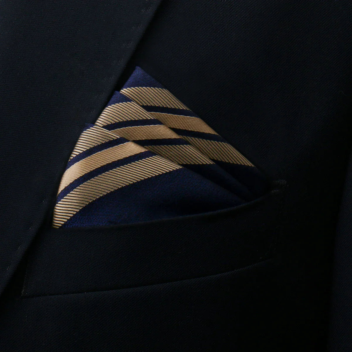 Gold Pocket Square: navy blue silk-like with gold diagonal stripes