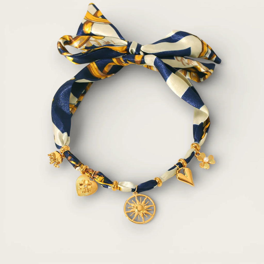 Gold Scarf Necklace: navy blue silk scarf with gold cream pattern and charm bow