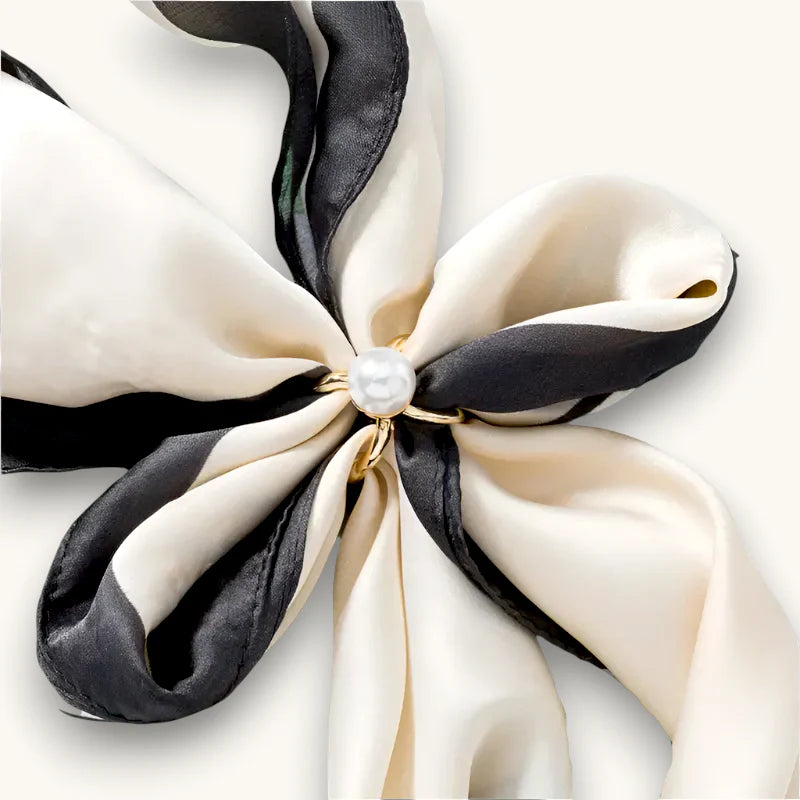 Elegant black and cream silk scarf in flower shape with pearl, for Gold Scarf Ring