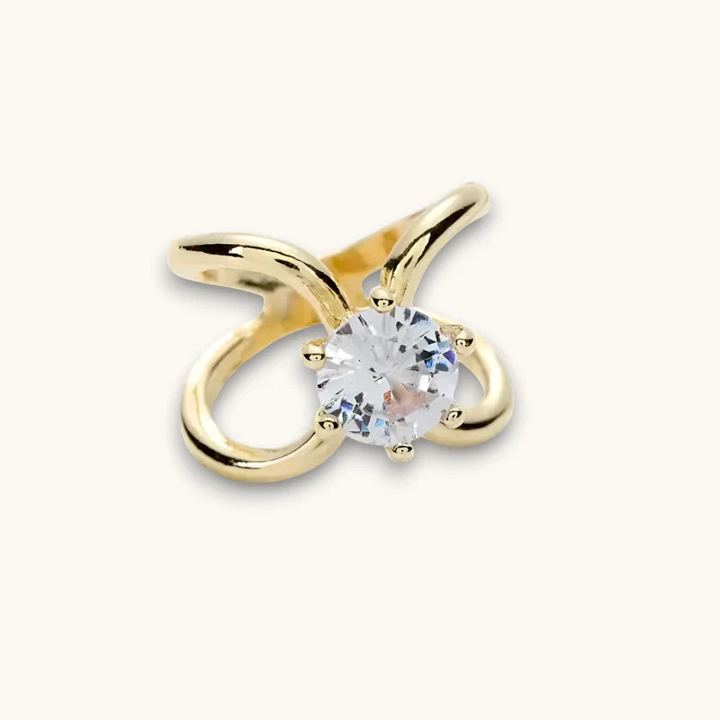 Gold Scarf Ring with delicate gold-toned band and faceted clear gemstone