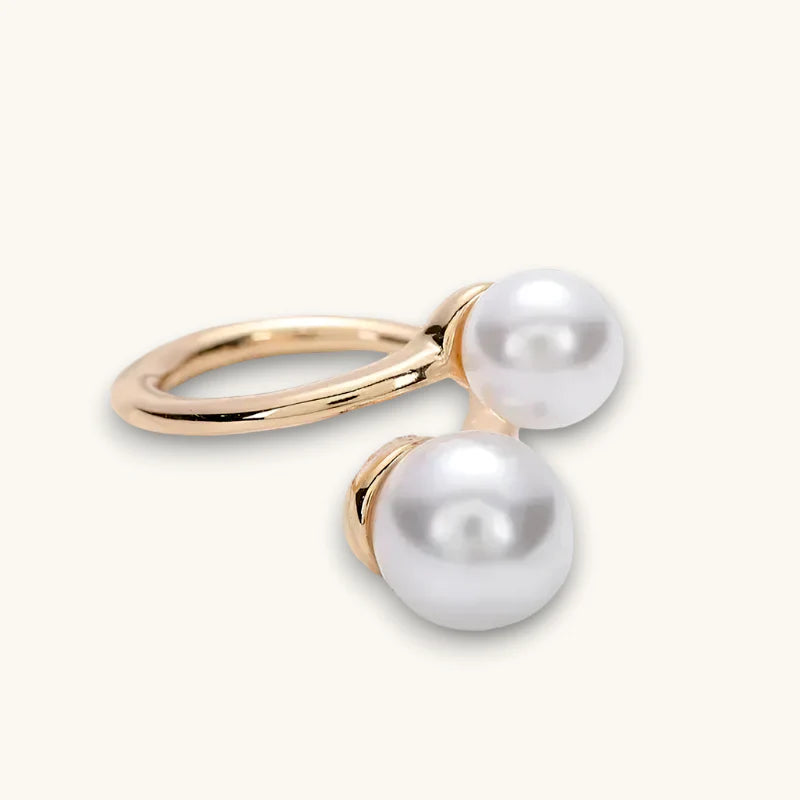 Gold Scarf Ring with two lustrous white pearls in minimalist design