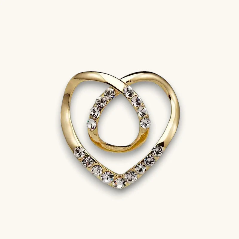 Gold heart-shaped scarf ring brooch with double-loop design and rhinestones
