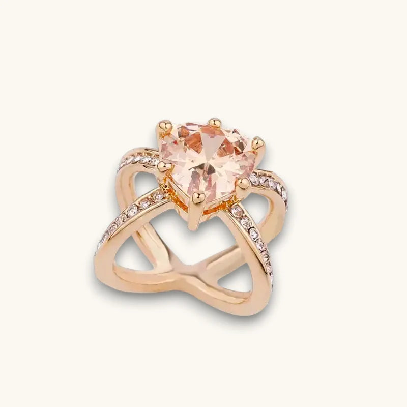 Gold Scarf Ring with heart-shaped peach quartz and diamonds