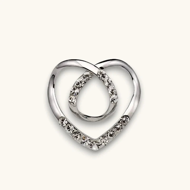 Silver heart brooch with rhinestones in Gold Scarf Ring display