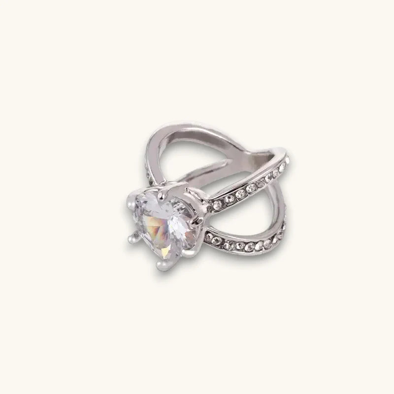 Sparkling silver heart crystal Gold Scarf Ring with stone-encircled band