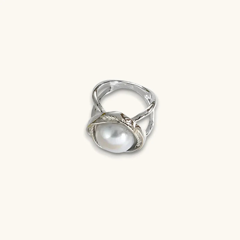 Silver twisted ring with lustrous white pearl for Gold Scarf Ring