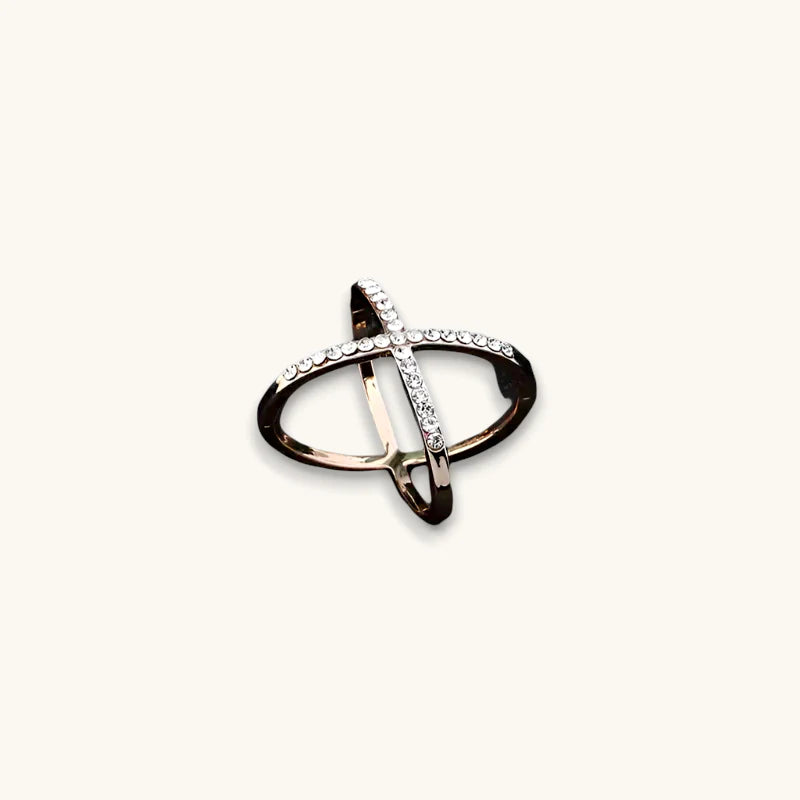 Gold Scarf Ring with sleek two-toned geometric interlocking bands and crystals