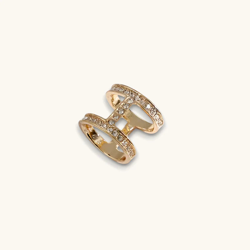 Gold Scarf Ring with sparkling stones along H-shaped gold-toned bands