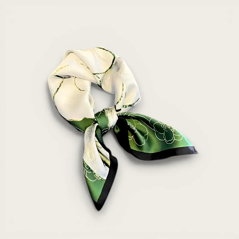 Green and white silk scarf with cream emerald floral pattern black edges