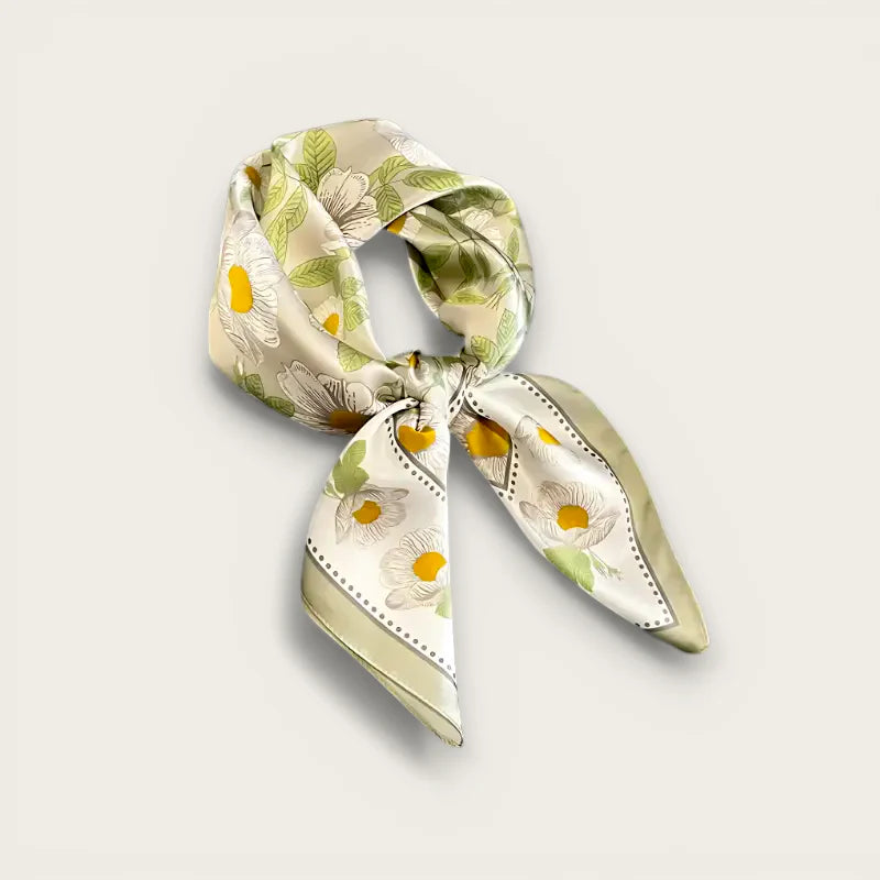 Green and white silk scarf with cream floral pattern and dotted trim