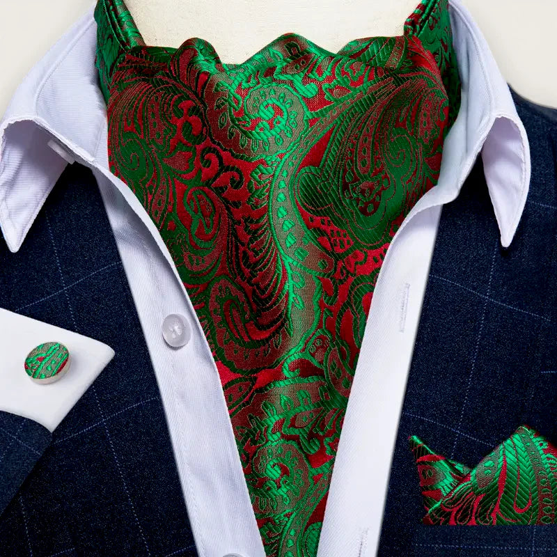 Vibrant green and red paisley Green Ascot Scarf cravat with glossy woven texture