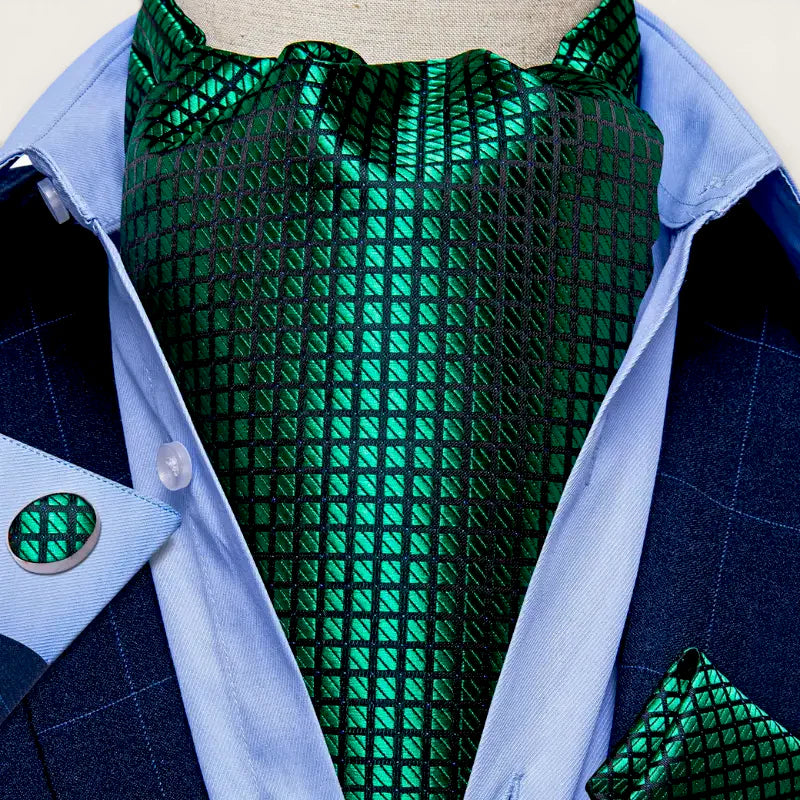 Emerald green silk cravat with subtle grid pattern, Green Ascot Tie
