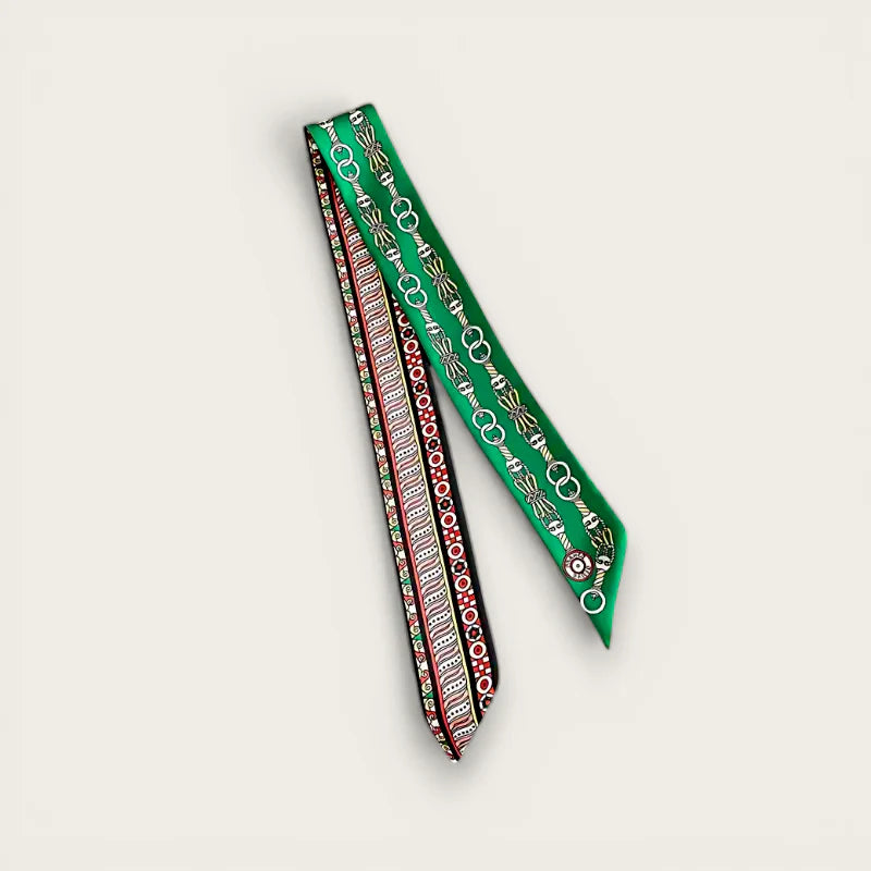 Green bag scarf with green silk, silver chain butterfly motifs, red black stripe