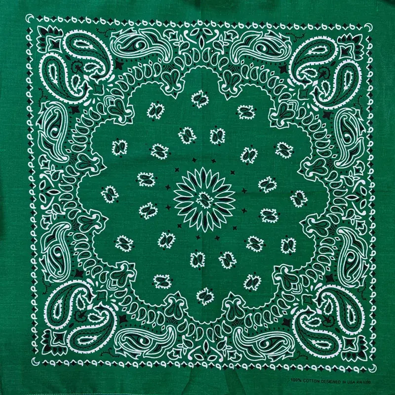 Green Bandana Scarf with vibrant paisley pattern in white and black