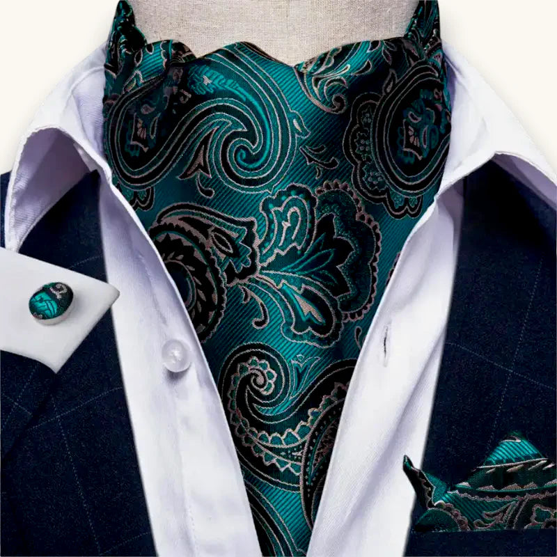 Teal and black paisley silk cravat with silver accents, Green Blue Ascot Scarf