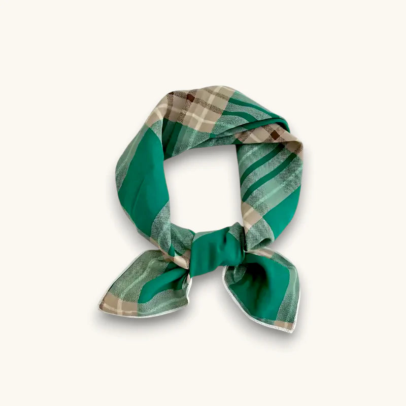 Green and beige plaid silk scarf with white trim, Green Cotton Scarf
