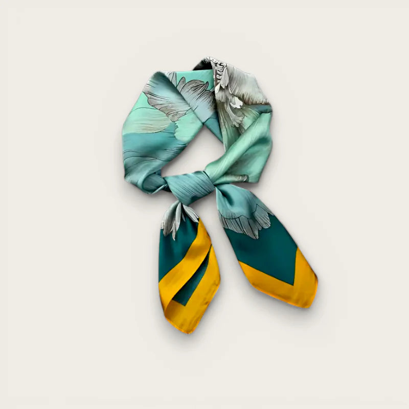 Teal and yellow silk Green Floral Scarf with bird print in elegant knot