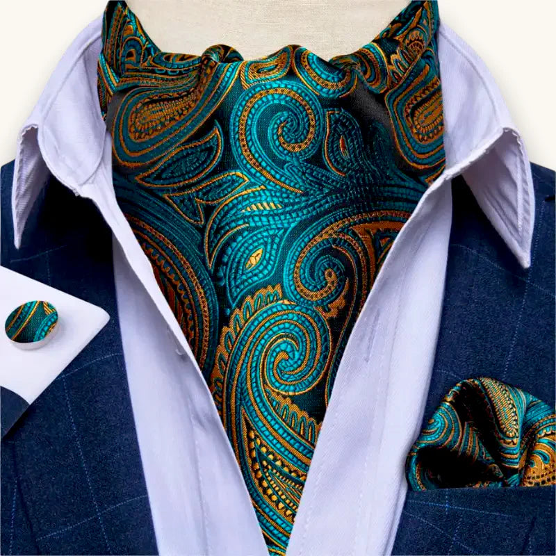 Teal and gold paisley silk cravat with matching pocket square and cufflinks