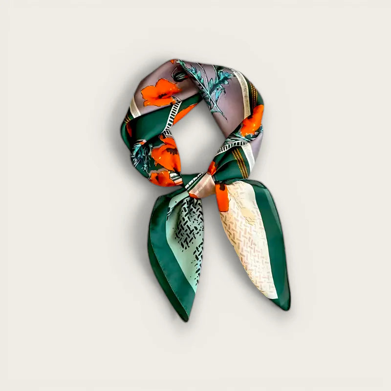Green head scarf with vibrant orange poppies on purple silk
