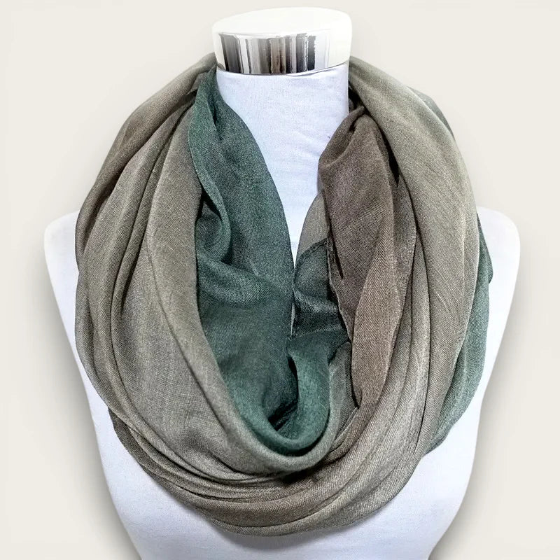 Green infinity scarf in soft sage green taupe gradient fabric