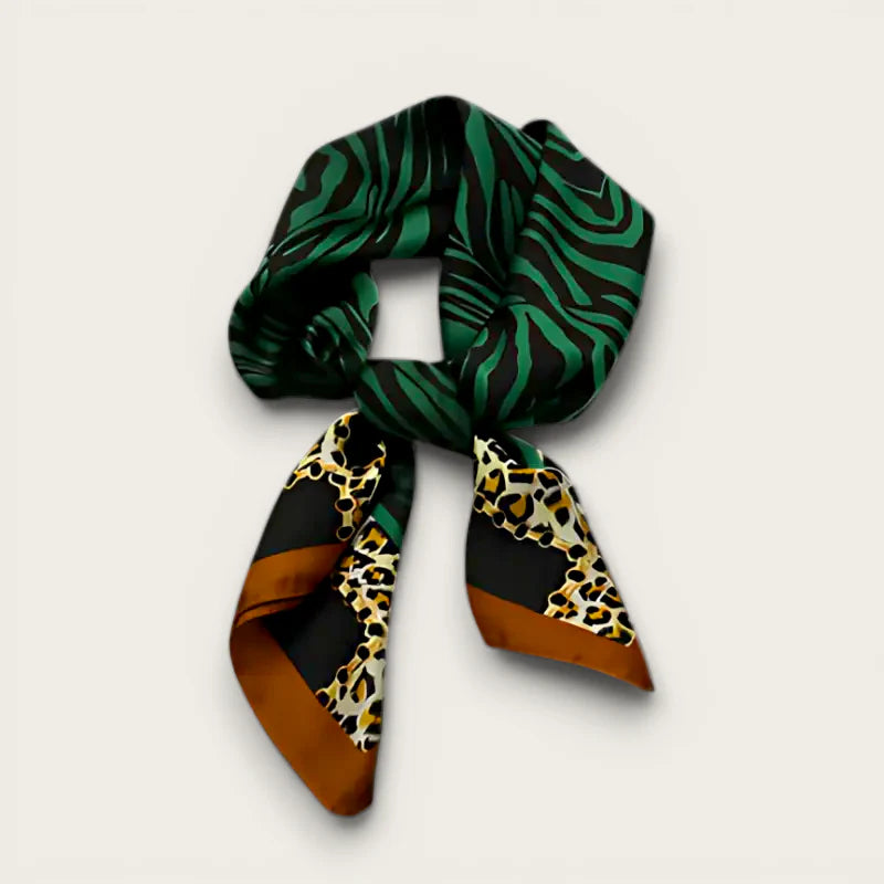 Green Leopard Scarf with zebra print transitioning to tan leopard edges