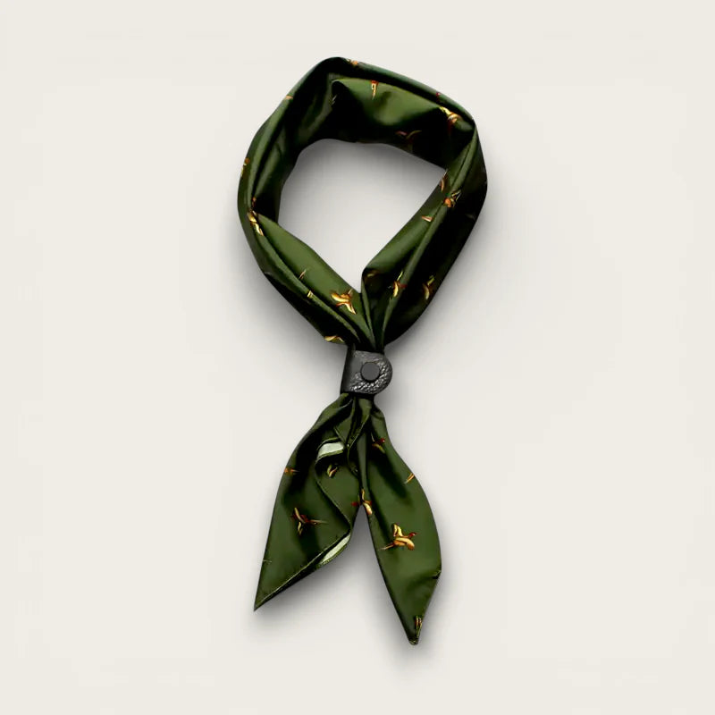 Green Neckerchief: dark green silk scarf with gold bird pattern and black clasp